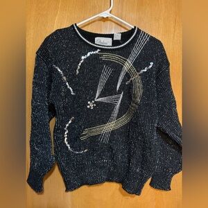 🌙 Vintage Celestial Sequin Sweater Black Metallic Moon&Stars Whimsical 80s Glam
